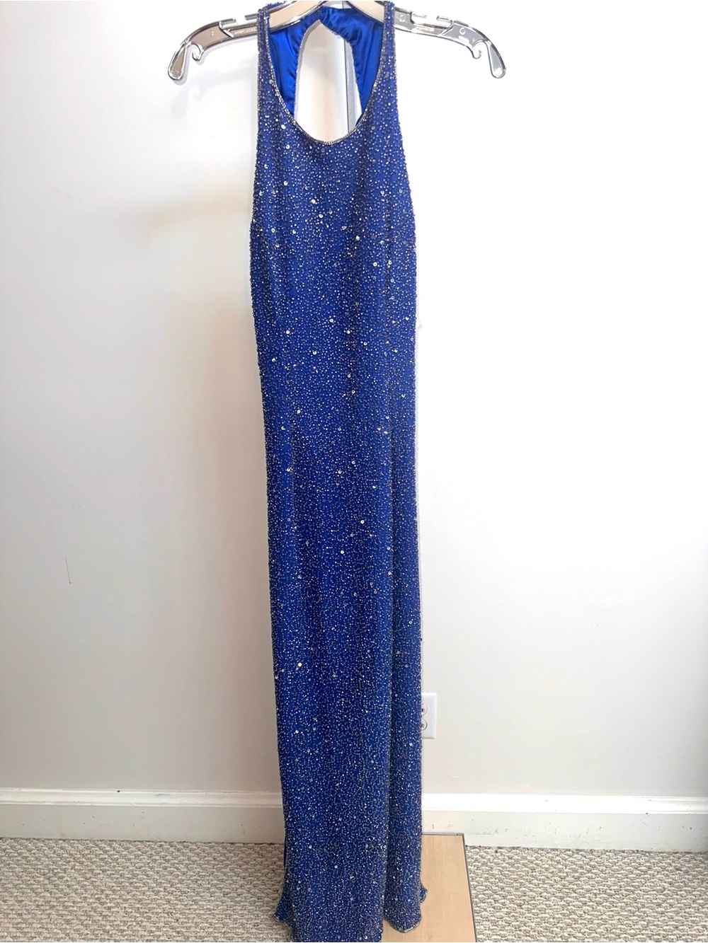 NWT Y2K Elegant Royal Blue Beaded Halter Evening Dress by Scala